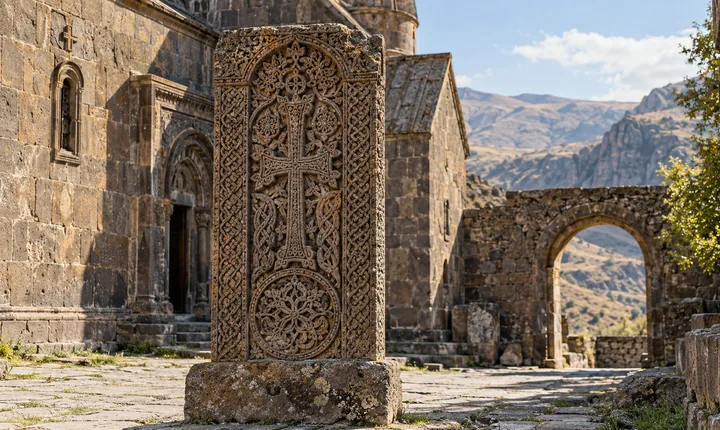 Carved Armenian khachkar cross-stone in a weathered monastery courtyard Carved Armenian khachkar cross-stone in a weathered monastery courtyard