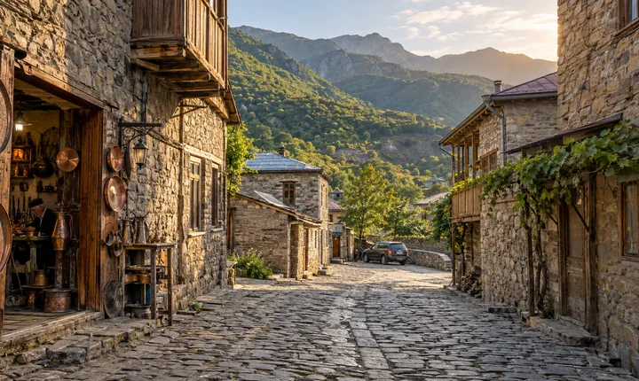 Stone houses and a cobbled lane in Lahij beneath the forested Caucasus mountains of Azerbaijan Stone houses and a cobbled lane in Lahij beneath the forested Caucasus mountains of Azerbaijan