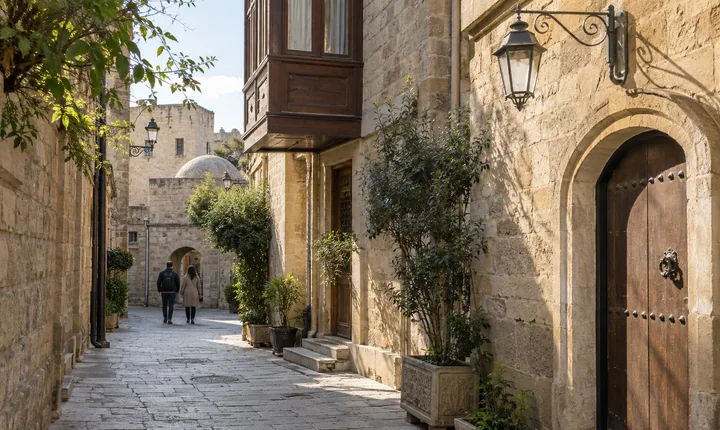 A quiet sandstone lane and doorway in Baku old city A quiet sandstone lane and doorway in Baku old city