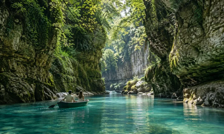 A small boat floats between mossy limestone walls and trees in a blue-green Georgian canyon A small boat floats between mossy limestone walls and trees in a blue-green Georgian canyon