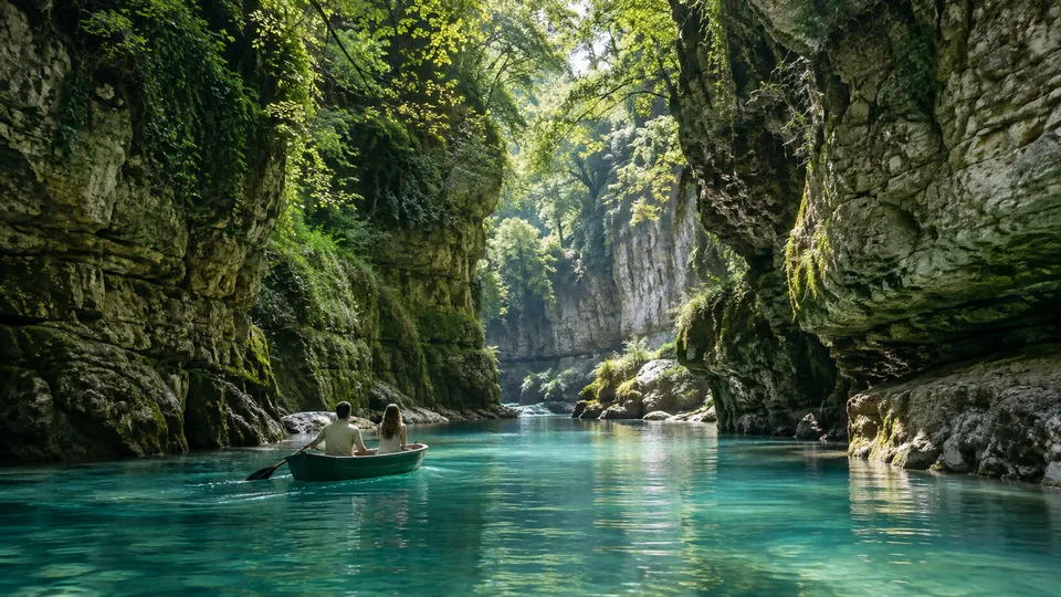 A small boat floats between mossy limestone walls and trees in a blue-green Georgian canyon