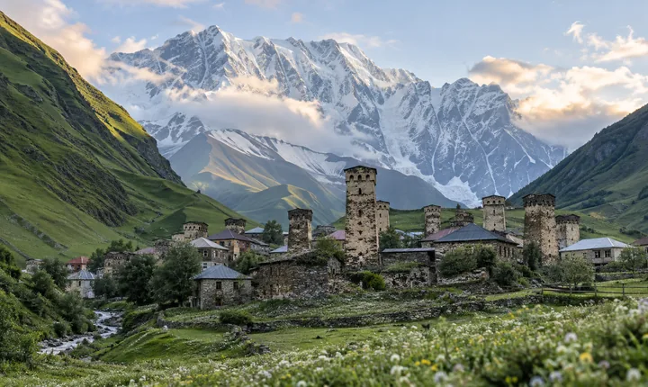 Medieval stone towers of Ushguli beneath the snowcapped peaks of Svaneti Medieval stone towers of Ushguli beneath the snowcapped peaks of Svaneti