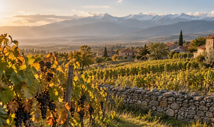 Golden autumn vineyard rows in Kakheti below the distant Caucasus mountains Golden autumn vineyard rows in Kakheti below the distant Caucasus mountains