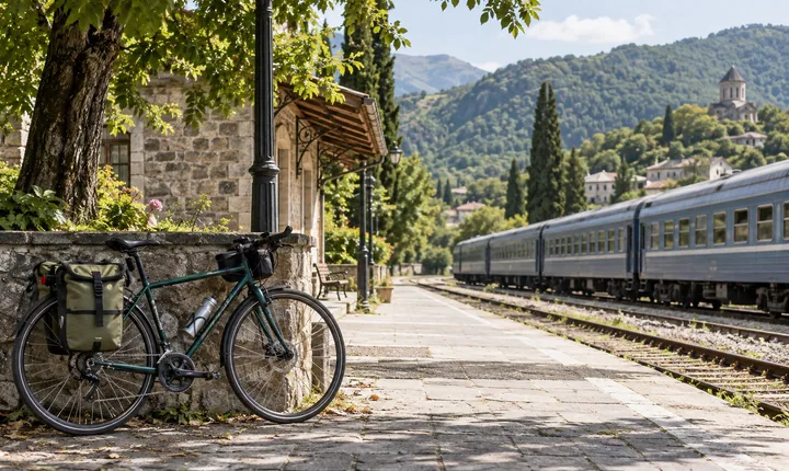 A touring bicycle beside a small railway stop with a passenger train and green hills beyond A touring bicycle beside a small railway stop with a passenger train and green hills beyond
