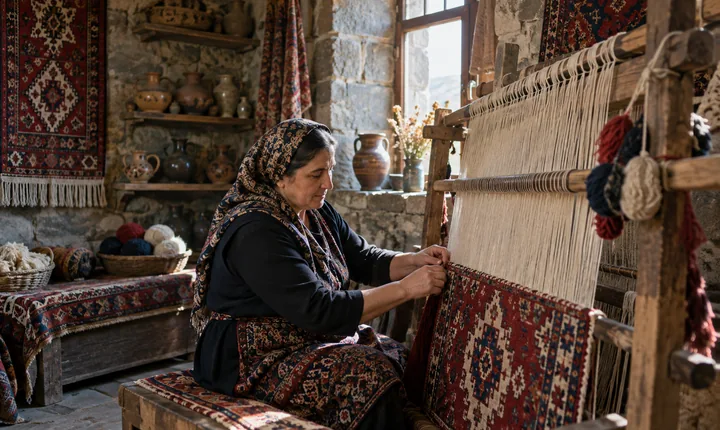 An artisan weaving a patterned carpet on a wooden loom in a stone-walled Caucasus workshop