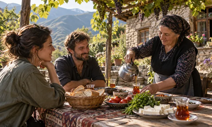 A guesthouse host pours tea for travelers at a garden table with bread, cheese and vegetables A guesthouse host pours tea for travelers at a garden table with bread, cheese and vegetables