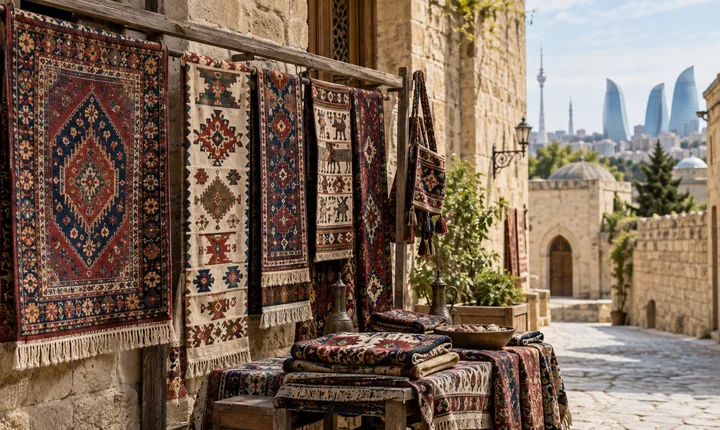 Wool carpets and patterned kilims displayed beside honey-colored stone walls at a textile stall Wool carpets and patterned kilims displayed beside honey-colored stone walls at a textile stall
