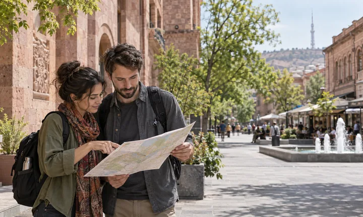 Two travelers consult a folded map beside pink-stone buildings on a leafy Yerevan street