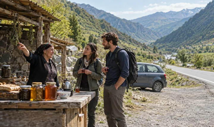 Travelers stopping for tea and directions beside a paved road in a green Caucasus valley Travelers stopping for tea and directions beside a paved road in a green Caucasus valley