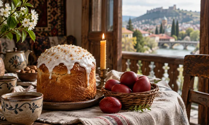Paska bread and red dyed eggs on a linen-covered Georgian Easter table Paska bread and red dyed eggs on a linen-covered Georgian Easter table