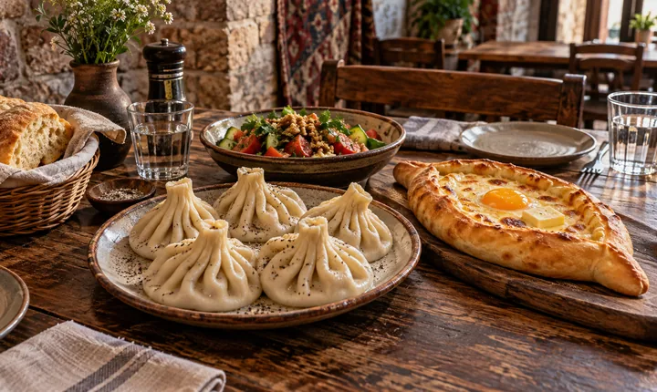 Khinkali dumplings, Adjarian khachapuri and fresh salad on a Georgian restaurant table Khinkali dumplings, Adjarian khachapuri and fresh salad on a Georgian restaurant table