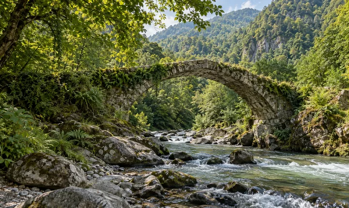 An old stone arch bridge crosses a rocky river surrounded by lush Adjara forest An old stone arch bridge crosses a rocky river surrounded by lush Adjara forest