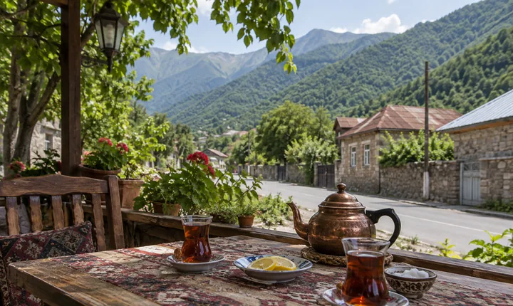 A roadside tea table overlooking green foothills in Azerbaijan A roadside tea table overlooking green foothills in Azerbaijan