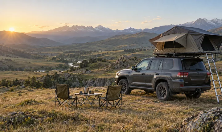 A 4x4 with an open roof tent, camp chairs and a small table at a quiet mountain campsite