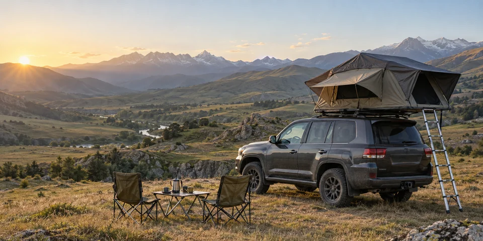 A 4x4 with an open roof tent, camp chairs and a small table at a quiet mountain campsite