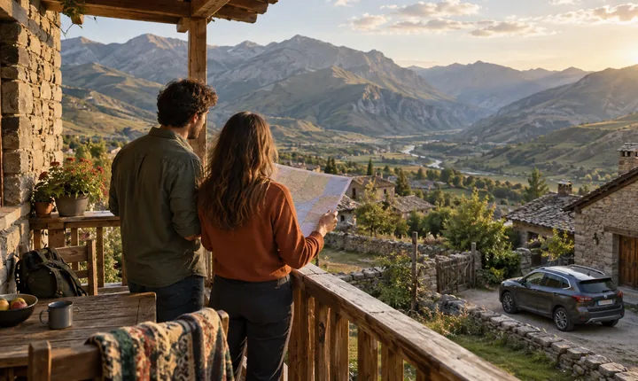 Travelers planning a route from a guesthouse balcony overlooking a Caucasus highland valley Travelers planning a route from a guesthouse balcony overlooking a Caucasus highland valley