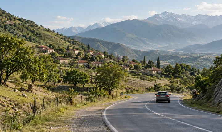 A paved road winding through Caucasus foothills past village houses and walnut trees A paved road winding through Caucasus foothills past village houses and walnut trees