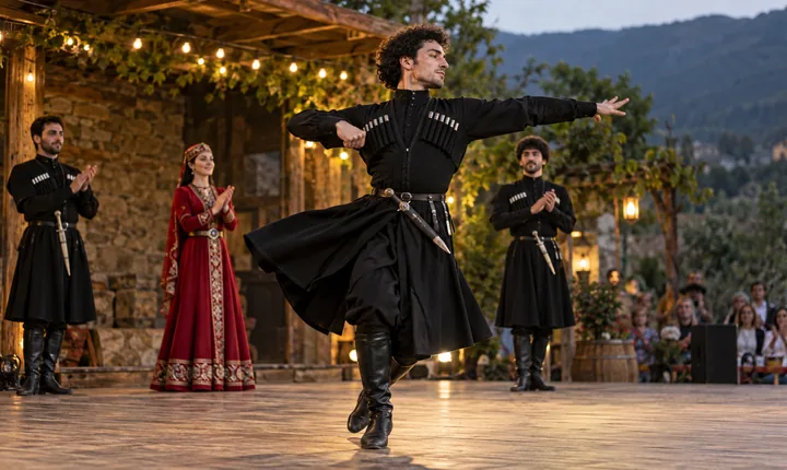 Georgian dancers in traditional costumes perform on a warmly lit outdoor stage Georgian dancers in traditional costumes perform on a warmly lit outdoor stage