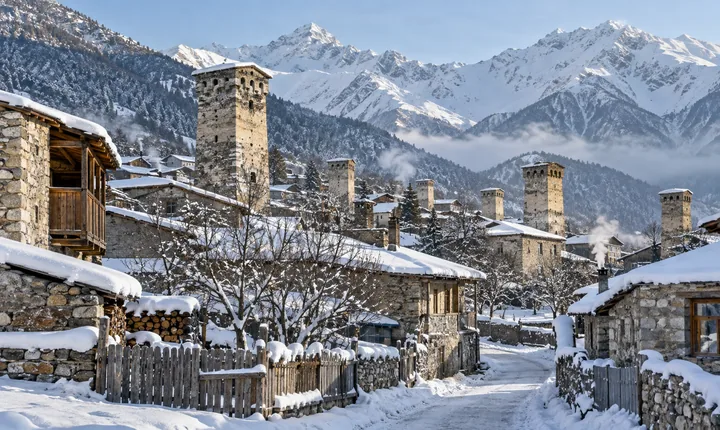 Snow-covered houses and medieval stone towers in Mestia below the winter Caucasus mountains Snow-covered houses and medieval stone towers in Mestia below the winter Caucasus mountains
