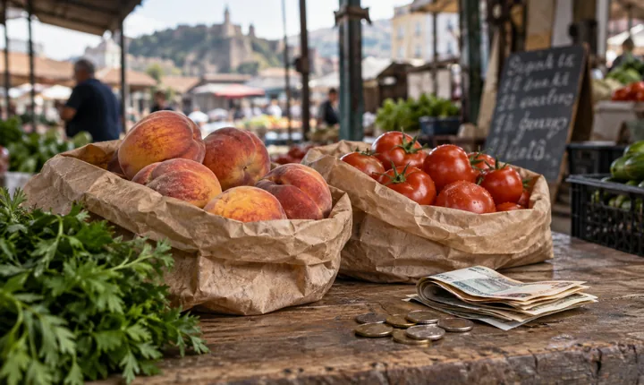 Fresh produce, coins and folded cash on a market counter in Tbilisi Fresh produce, coins and folded cash on a market counter in Tbilisi