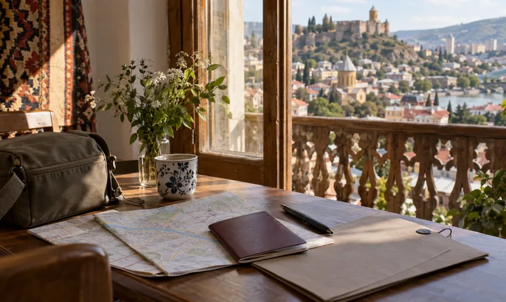 A passport, document folder and folded map prepared beside a Tbilisi guesthouse window A passport, document folder and folded map prepared beside a Tbilisi guesthouse window