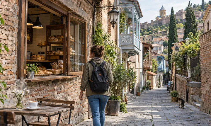 A traveler with a daypack walks past a bakery in Tbilisi's historic streets A traveler with a daypack walks past a bakery in Tbilisi's historic streets