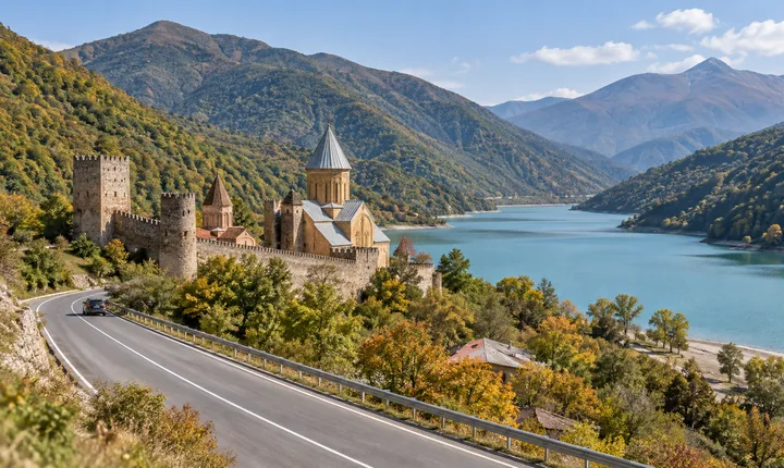 Ananuri fortress beside Zhinvali Reservoir and a curving section of the Georgian Military Highway Ananuri fortress beside Zhinvali Reservoir and a curving section of the Georgian Military Highway