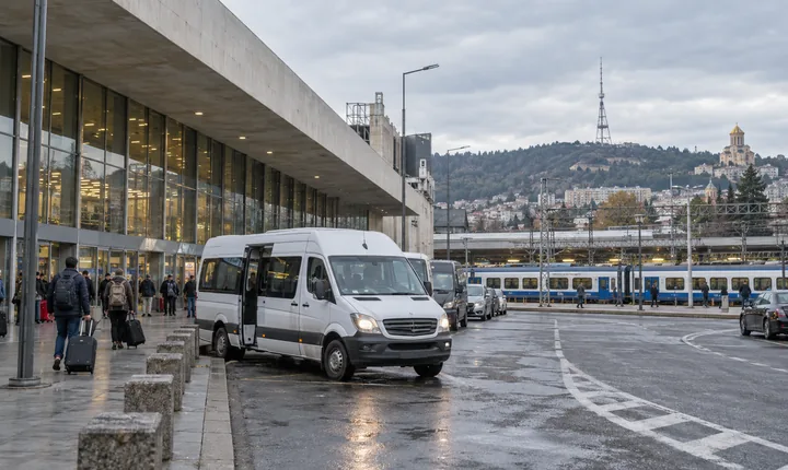 A passenger minibus waits outside a Georgian railway station as travelers pass A passenger minibus waits outside a Georgian railway station as travelers pass