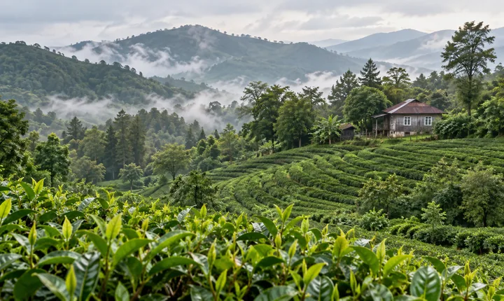 Curving tea-bush rows cover the misty green hills of Guria in western Georgia Curving tea-bush rows cover the misty green hills of Guria in western Georgia