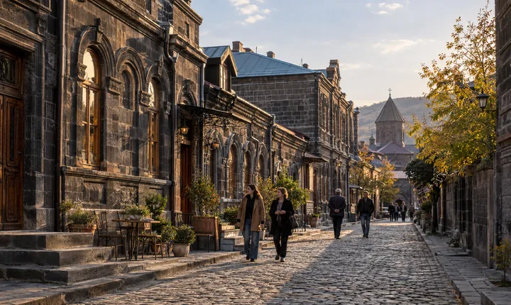 Historic black tuff-stone houses along a cobbled street in Gyumri