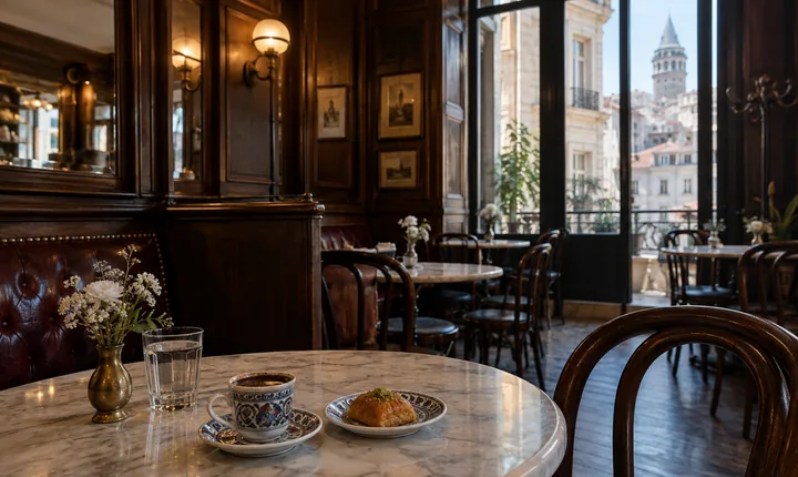 Turkish coffee and pastry on a marble table in a historic Istanbul cafe