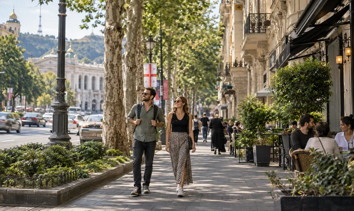 Travelers stroll along a leafy sidewalk beside Tbilisi's stone buildings and cafés Travelers stroll along a leafy sidewalk beside Tbilisi's stone buildings and cafés