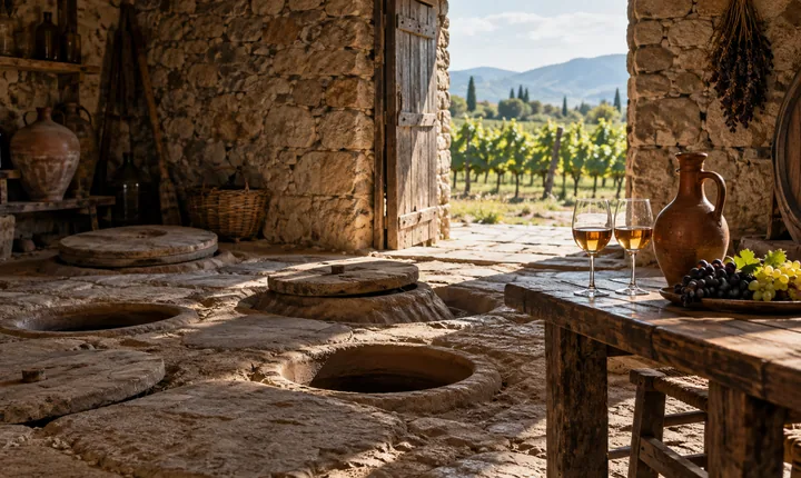 Clay qvevri wine vessels and a tasting table in a traditional Kakheti marani cellar Clay qvevri wine vessels and a tasting table in a traditional Kakheti marani cellar
