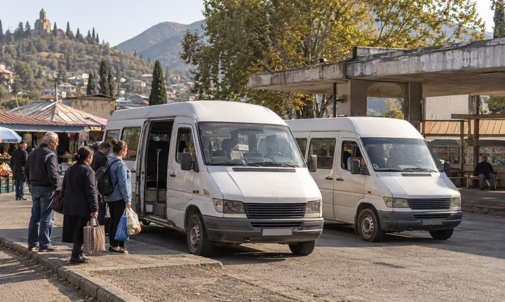 Passenger minivans and waiting travelers at a modest Georgian transport station Passenger minivans and waiting travelers at a modest Georgian transport station