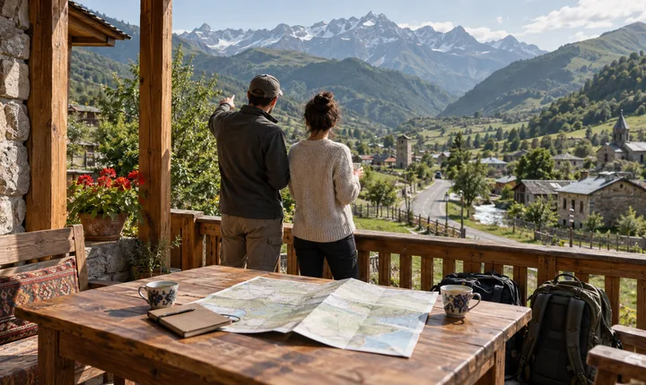 Travel map and tea cups on a guesthouse terrace overlooking a Caucasus valley road Travel map and tea cups on a guesthouse terrace overlooking a Caucasus valley road