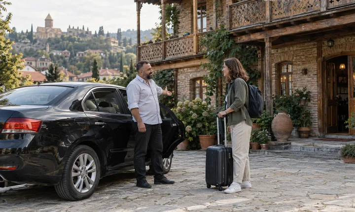 A driver greets a traveler with a suitcase beside a parked sedan outside a Georgian guesthouse A driver greets a traveler with a suitcase beside a parked sedan outside a Georgian guesthouse