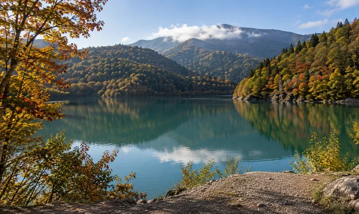 Autumn-colored forest surrounds the calm water of Shaori Lake in Racha Autumn-colored forest surrounds the calm water of Shaori Lake in Racha