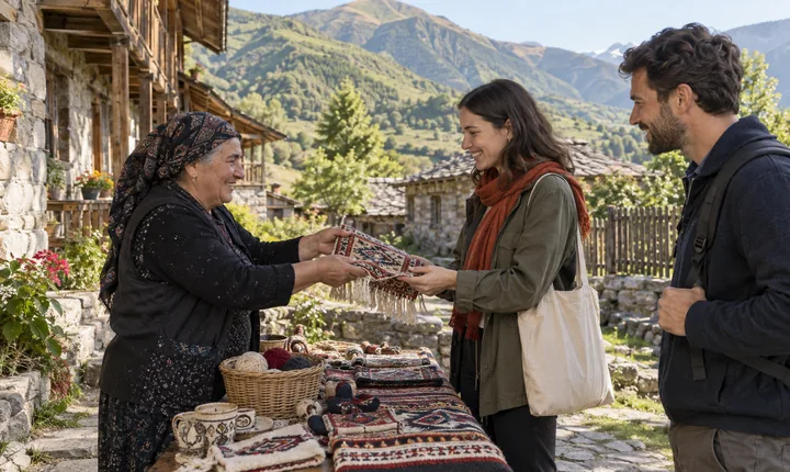 A visitor buying a handmade woven item from a village artisan in the South Caucasus A visitor buying a handmade woven item from a village artisan in the South Caucasus