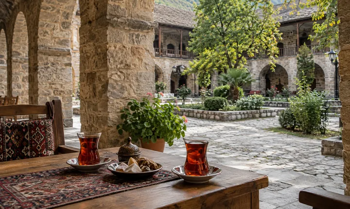 Tea glasses and sweets beside stone arches in a Sheki courtyard Tea glasses and sweets beside stone arches in a Sheki courtyard