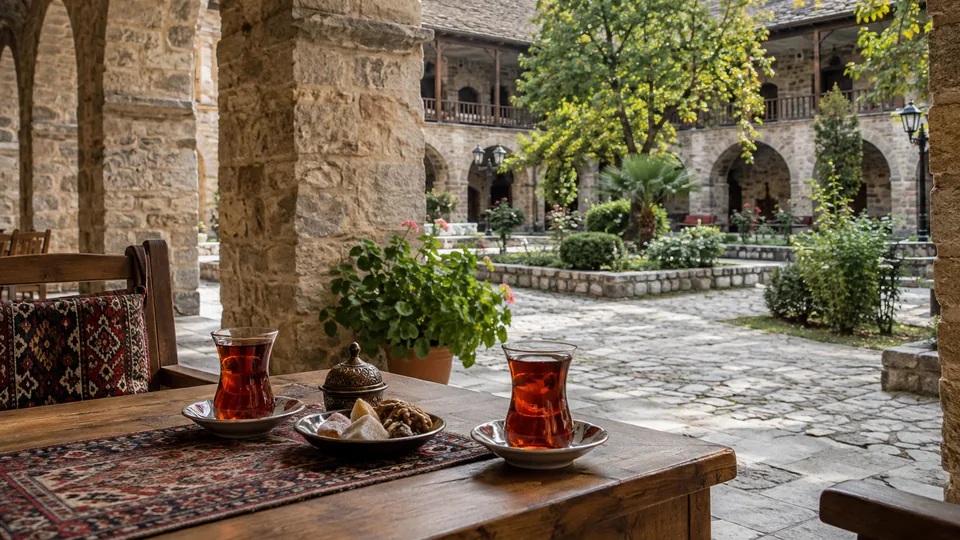 Tea glasses and sweets beside stone arches in a Sheki courtyard