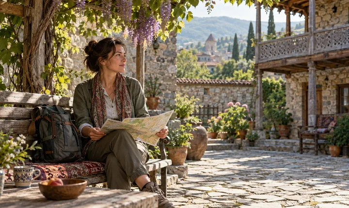 A solo traveler studies a map on a shaded bench in a Georgian guesthouse courtyard A solo traveler studies a map on a shaded bench in a Georgian guesthouse courtyard
