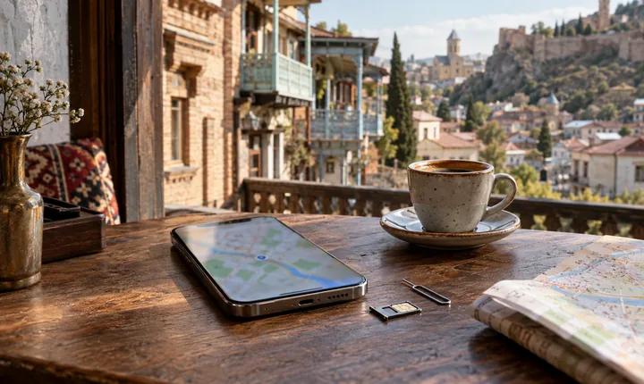 A smartphone, SIM tray and ejector pin beside coffee on a Tbilisi café table A smartphone, SIM tray and ejector pin beside coffee on a Tbilisi café table