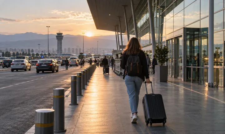 A traveler rolls a suitcase outside a glass-front airport arrivals terminal at dawn A traveler rolls a suitcase outside a glass-front airport arrivals terminal at dawn