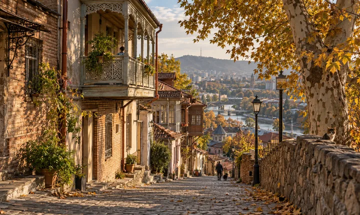 Autumn leaves and warm afternoon light along an old-town lane with wooden balconies in Tbilisi Autumn leaves and warm afternoon light along an old-town lane with wooden balconies in Tbilisi