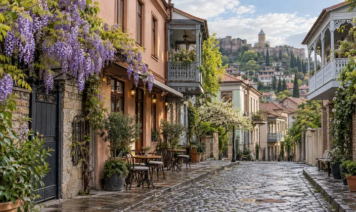 Fresh blossoms and wooden balconies along a cobbled Old Town street in Tbilisi Fresh blossoms and wooden balconies along a cobbled Old Town street in Tbilisi