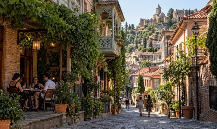 Shaded old-town street and cafe terrace beneath wooden balconies in Tbilisi on a sunny summer day Shaded old-town street and cafe terrace beneath wooden balconies in Tbilisi on a sunny summer day