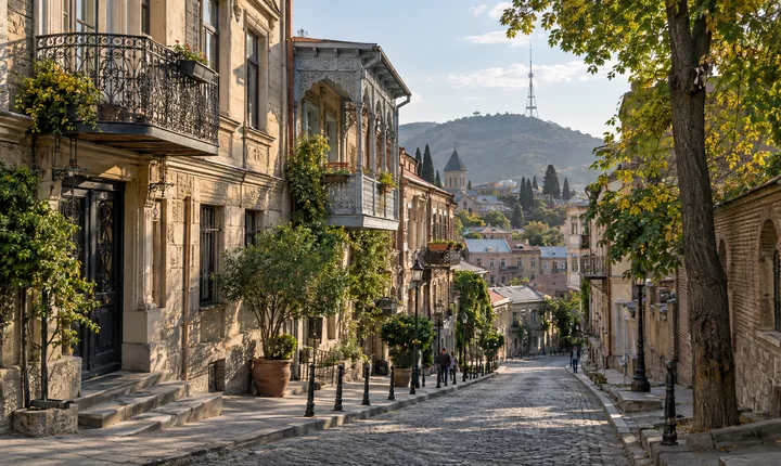 A quiet sloping Tbilisi street lined with weathered façades and ornate balconies A quiet sloping Tbilisi street lined with weathered façades and ornate balconies
