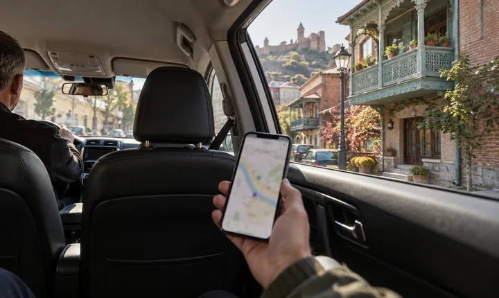 A passenger checks a phone map from a parked taxi beside Tbilisi's historic buildings A passenger checks a phone map from a parked taxi beside Tbilisi's historic buildings