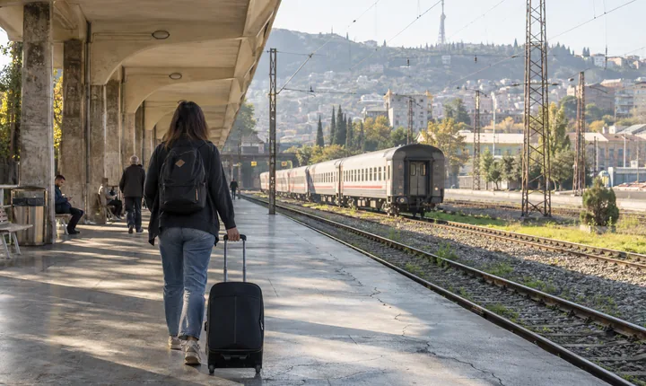 A traveler with luggage on a railway platform in Tbilisi A traveler with luggage on a railway platform in Tbilisi