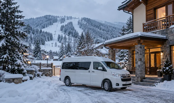 A white transfer minivan outside a snowy guesthouse among Bakuriani's pine trees A white transfer minivan outside a snowy guesthouse among Bakuriani's pine trees